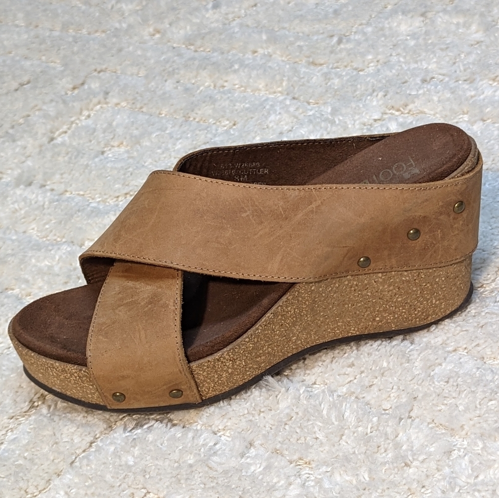 White Mountain Tan Leather Cork Wedge Sandals, Size 8M
